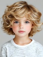 Young Caucasian child with bright blue eyes and curly blonde hair styled in modern short cut wearing casual white top against neutral background, natural makeup look.