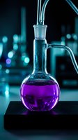Glass laboratory flask with purple chemical solution and tubes in modern research facility with blue ambient lighting for scientific experiments.