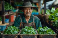 Senior Asian farmer smiling while displaying fresh organic basil leaves at local market stall, wearing traditional hat and apron, surrounded by green produce.