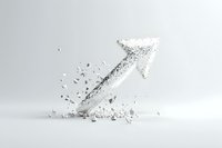 Upward arrow symbol shattering and breaking apart into particles against white background, representing breakthrough, transformation and growth dynamics.