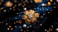 Elegant golden flower brooch with crystals and pearls on dark blue velvet fabric, decorated with shimmering stars and bokeh lights creating magical atmosphere.