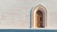 Elegant arched doorway with intricate Islamic geometric patterns carved in stone and wooden door against minimalist white wall, modern Middle Eastern architecture.