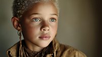 Young mixed-race girl with curly blonde hair and striking blue eyes wearing earthy tones, portrait photography with soft natural lighting for lifestyle content.
