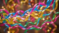 Colorful party streamers and ribbons flowing in celebration with bokeh lights background for festive events, birthdays, holidays and special occasions.