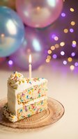 Funfetti birthday cake slice with lit candle on glass plate against colorful balloon and bokeh light background for celebration party events.