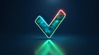 Glowing neon checkmark symbol floating on dark background with turquoise and red gradient colors, casting reflection on surface. Modern minimal design element.