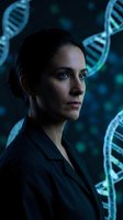Female scientist or researcher with dark hair, Caucasian ethnicity, wearing dark professional attire, positioned against glowing DNA helix structures in a laboratory or medical research setting, suitable for biotechnology, genetics, and scientific innovation concepts.