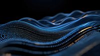 Abstract digital wave pattern with glowing blue particles forming dynamic curved lines against dark background, modern technology concept for presentations and backgrounds.