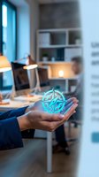 Businessman hands holding glowing turquoise compass hologram in modern office workspace representing navigation guidance and strategic direction planning.