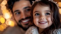 Happy young Caucasian father and daughter smiling together with warm bokeh lights in background creating cozy family moment for holiday celebrations.