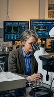 Senior female scientist examining samples through microscope in modern laboratory with data analysis monitors displaying research results.