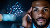 Young African American man with thoughtful expression against blurred fireworks and city lights background creating dreamy nighttime atmosphere.