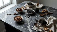 Rustic kitchen table with various beans, lentils and legumes in ceramic bowls, wooden spoons and glass jar creating cozy cooking scene for healthy recipes.