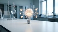 Glowing light bulb with innovation icons floating in modern laboratory setting representing creative scientific research and breakthrough ideas in technology development.