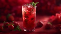 Fresh strawberry cocktail with mint garnish in tall glass on red background for summer beverage menu and restaurant promotion.