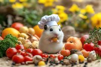 Cute hamster in chef hat surrounded by fresh vegetables and fruits including tomatoes, oranges, broccoli and mushrooms on natural background with yellow flowers.