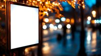 Glowing white blank billboard at night with blurred city lights and bokeh background, illuminated empty advertising space on urban street with pedestrians.