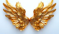 Golden angel wings with detailed layered feathers spread wide against light background, metallic shimmering effect creates dramatic celestial artwork for spiritual designs.