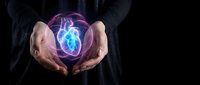 Businessman hands protecting glowing digital heart with medical cross symbol representing healthcare technology and cardiology innovation for medical presentations.