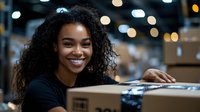 Young African American woman with curly hair smiling while working in warehouse fulfillment center with cardboard boxes and bokeh lights in background, logistics concept.