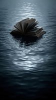 Open book floating on dark water with ripples, symbolizing knowledge, literature, learning, and imagination for educational and creative projects.