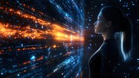 Young woman in profile view observing glowing orange and blue digital particles stream, representing technology advancement and artificial intelligence concept.