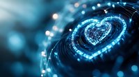 Glowing digital heart shape formed by connected dots and lines on dark background with bokeh effect, symbolizing healthcare technology and innovation.
