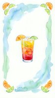 Watercolor illustration of a colorful layered cocktail with orange and lime slices, surrounded by decorative watercolor frame and citrus garnishes for beverage and summer drink designs.