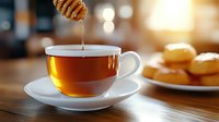 Golden honey dripping into steaming cup of black tea on wooden table with blurred pastries in background, warm morning light creates cozy atmosphere.