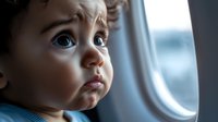 Young toddler with surprised expression gazing out airplane window during flight, capturing innocent wonder and travel experience for family and lifestyle content.