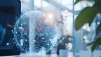 Glowing digital globe with network connections floating in modern office space, illuminated by soft natural light and surrounded by blurred greenery.