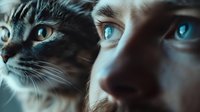 Close-up portrait of young Caucasian man with striking blue eyes alongside tabby cat with similar blue eyes, showing connection between human and pet.