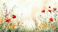 Delicate watercolor meadow with vibrant red poppies, orange wildflowers, and soft green foliage against a dreamy beige background. Perfect for nature-inspired designs.