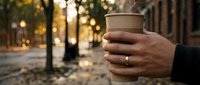 Close-up of hand holding takeaway coffee cup on urban street with golden bokeh lights and autumn foliage, suitable for beverage, lifestyle and commercial use.