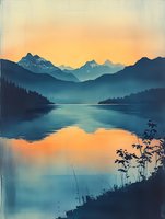 Serene mountain lake at sunset with layered peaks reflecting golden orange sky in calm waters surrounded by forest silhouettes for nature backgrounds.