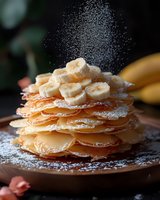 Fresh banana pancakes stack with powdered sugar falling in motion, layered with sliced bananas on dark wooden background, moody food photography.