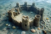 Detailed sandcastle with multiple towers and turrets on beach surrounded by seashells and wet sand, captured in natural sunlight with soft shadows.