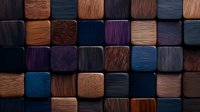Textured wooden blocks in dark blue, brown and purple shades create modern geometric wall art pattern. Natural wood grain surface adds depth and character.