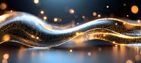Magical glowing wave with golden sparkles and light particles flowing on dark background, creating ethereal atmospheric effect. For festive designs.