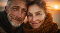 Happy mature couple embracing outdoors during golden hour sunset, showing love and connection in their retirement years together.