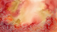 Watercolor gradient background with red, orange, and gold tones featuring decorative line art lanterns and floral elements, suitable for festive designs and celebrations.