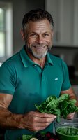 Mature athletic Caucasian man with gray hair and beard wearing green polo shirt preparing healthy smoothie with fresh spinach and berries in modern kitchen.
