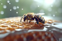 Detailed macro shot of honey bee collecting nectar on honeycomb surface with soft bokeh background showing natural beekeeping and pollination process.