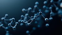 Molecular structure visualization in dark blue tones showing connected atoms and bonds, scientific concept for chemistry, biology, or pharmaceutical research.