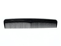 Black plastic comb with fine teeth isolated on white background, ready for hair care product design, packaging, and salon-related applications.