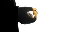 Hand holding golden bitcoin cryptocurrency coin in silhouette against bright light background representing digital investment and blockchain technology.