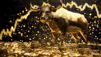 Golden bull figure on stack of coins with rising market chart background, glowing particles and liquid splashes create dramatic financial scene. Bullish stock market concept.