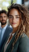 Young mixed-race businesswoman with curly hair smiling confidently in office environment with male colleague in background for corporate communications.