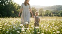 Young mother and toddler son walking hand in hand through daisy field at golden hour sunset creating peaceful family bonding moment in countryside meadow.