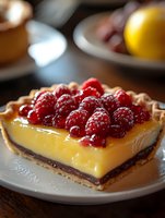 Fresh raspberries top a layered dessert tart with golden lemon curd and chocolate ganache in buttery pastry crust, served on white plate with selective focus.